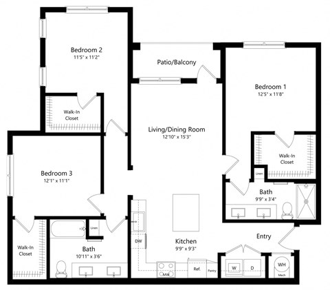 Floor plan for 3 beds, 2 baths, 1227 sqft